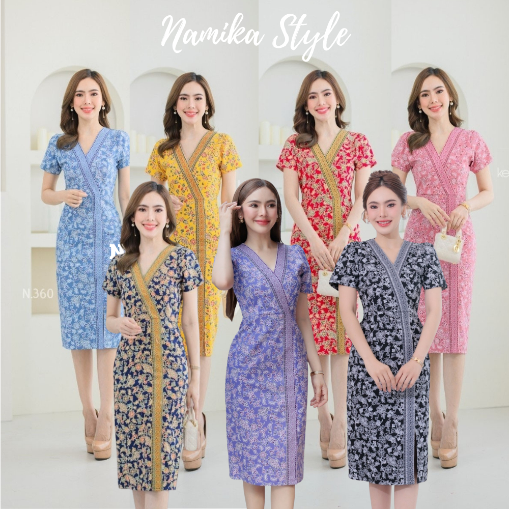 ชุดเดรสผ้า cotton พิมพ์ลายปาเต๊ะ ลายสิงคโปร์แอร์ไลน์ คอวี งานกระโปรงผ่าหน้า ยาว 42 นิ้ว อัดกาว