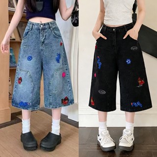 S-10XL กางเกงยีนส์ 7 ส่วน 4 กระเป๋าสไตล์เกาหลี ลายปักสุดน่าร…