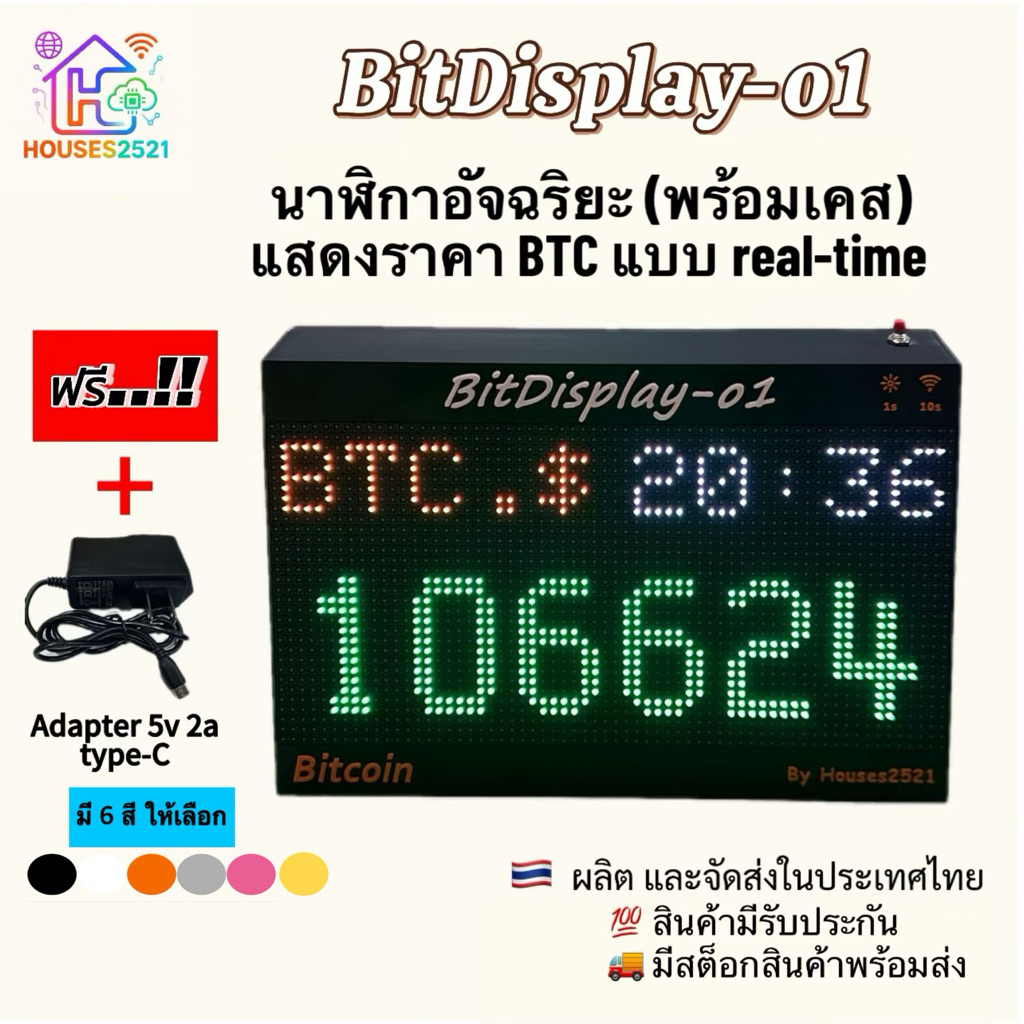 BitDisplay-o1 ป้ายไฟ LED P5 แสดงราคา BTC Real-Time + เวลาไทย 24 ชม. ตั้งค่าผ่าน Wi-Fi