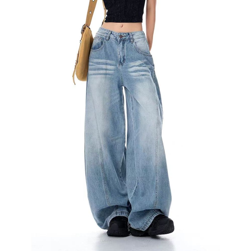 919nn กางเกงยีนส์วินเทจ Fade Long Tube กางเกงยีนส์ผู้หญิง กางเกงยีน ทรงหลวม