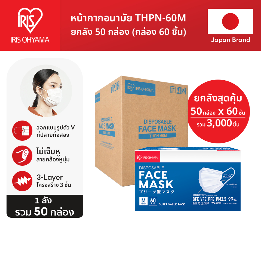 [ยกลัง 50 กล่อง] IRIS OHYAMA ไอริส โอยามะ หน้ากากอนามัย คุณภาพมาตรฐานแบรนด์ญี่ปุ่น Size M แบบกล่อง 60 ชิ้น 50 กล่อง