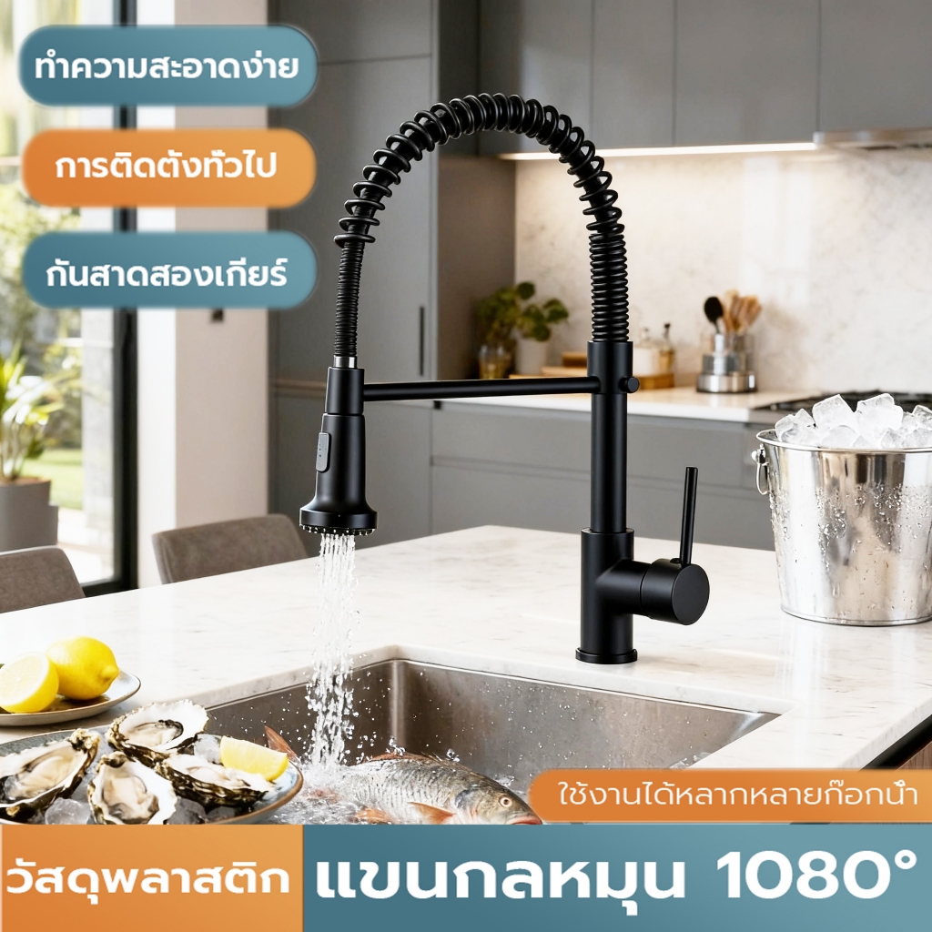 สแตนเลส 304 หมุนได้ 1080° ก๊อกน้ำห้องครัว เพิ่มแรงดันน้ํา บูสกันกระเซ็น ปรับน้ำได้ 2 โหมด สามารถพับเก็บได้ สะดวกต่อการใช ราคา ถูกที่สุด ดีลบีเคเค แกลเลอรีภาพที่ 2