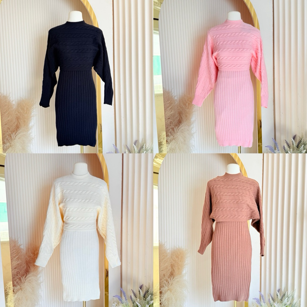 [BeBe Brand] R0011 ชุดเซตเดรสกระโปรงยาวคอวีแขนกุด+เสื้อไหมพรมแขนยาว ดีไซน์เรียบหรูใส่เที่ยว คาเฟ่
