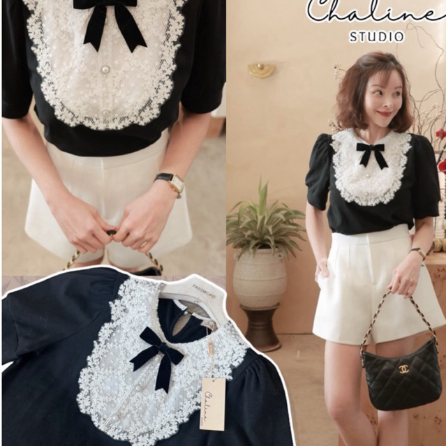 [ส่งเร็ว] Chaline เสื้อยืดผ้าคอตตอนเนื้อนุ่ม แต่งปก และด้านหน้าลูกไม้ฉลุ