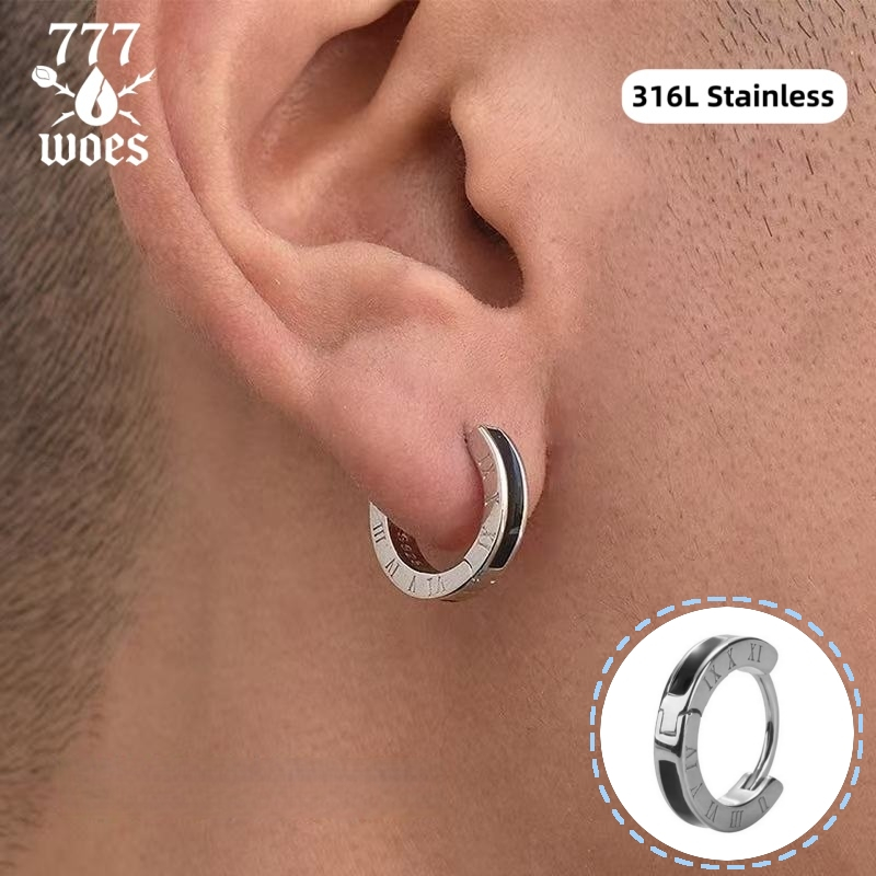 เกรดแพทย์สแตนเลส316Lต่างหูห่วงสำหรับผู้ชายลายตัวเลขโรมันสไตล์ฮิปฮอปมินิมอลพังค์เท่แบบอเมริกันเงินดำ