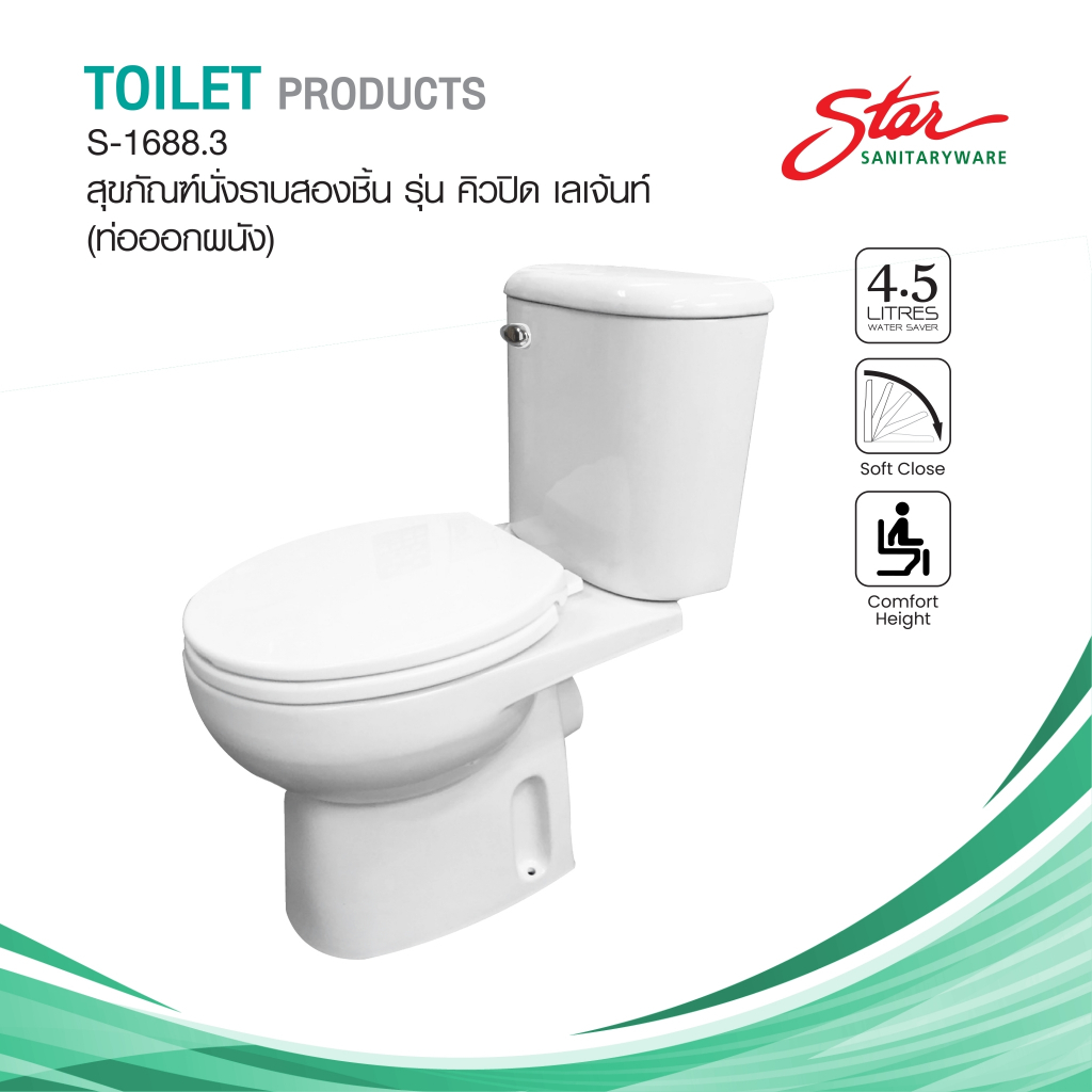 สุขภัณฑ์ท่อออกกำแพง รุ่น คิวปิครีเจ้นท์ กดน้ำด้านบน  S-1688.3 ระยะท่อสูง 190 มม. ฝาเปิด-ปิดแบบสโลว์