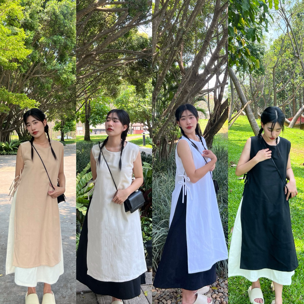 Classic Girl🥀(ขายแยกชิ้นนะคะ)มี 2 size เดรสแขนกุดผ่าข้างผูกเชือกผ้าฝ้าย Manee.cotton