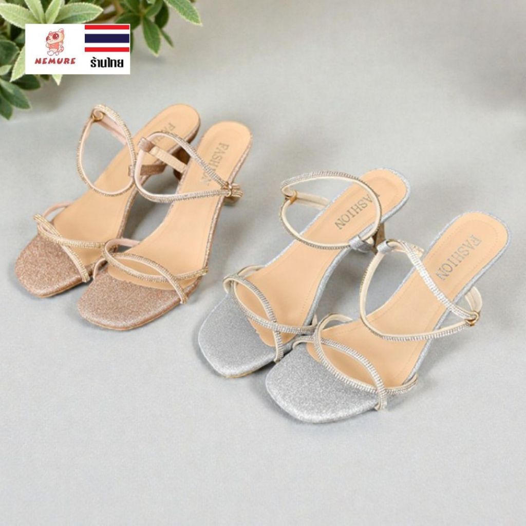 (S-1120) รองเท้าส้นสูง รองเท้าแฟชั่น สายคาดเพชร เรียบหรู ใส่สบาย รองรับเท้า ไม่กัดเท้า ใส่เที่ยว ใส่ออกงาน