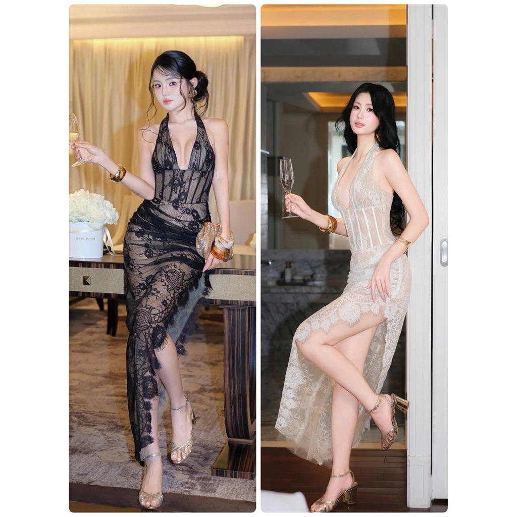 TBB เดรสลูกไม้คล้องคอเว้าลึก งานเย็บครอเซทเข้ารูป ช่วงสะโพกจับจีบ ดีไซส์ผ่าสูง