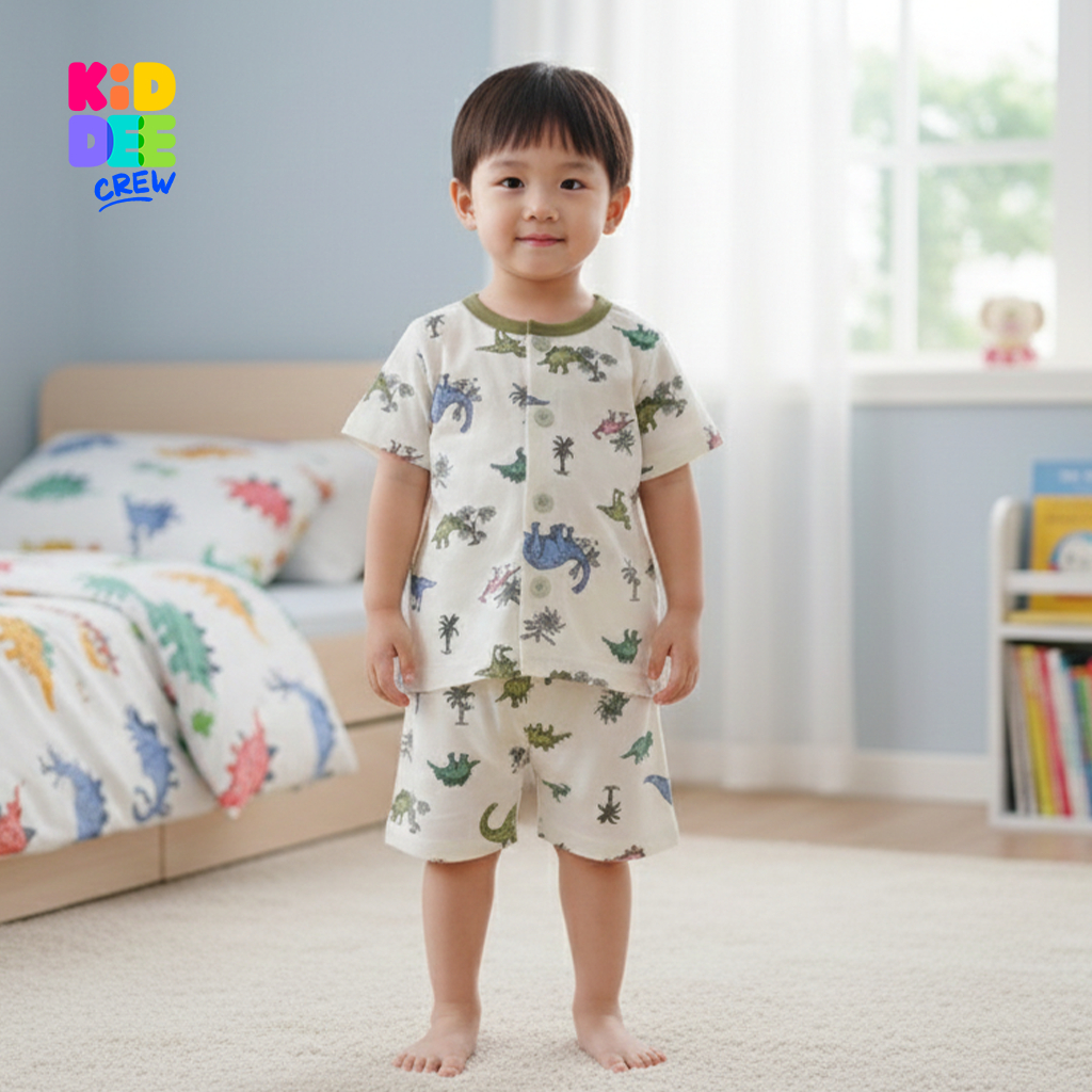 KiddeeCrew ชุดนอนเด็ก แขนสั้นขาสั้น ครีมไดโนเสาร์เขียว เหมาะสำหรับอายุ 1-12 ปี