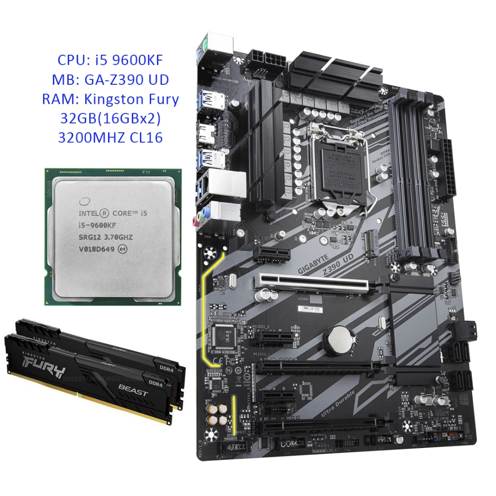 Comset Intel Core i5 9600KF + Gigabyte Z390 UD + Kingston/Corsair DDR4 RAM 32GB(16GBx2) 3200MHZ CL16