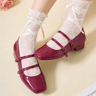 YaaKu Mary Janes รองเท้าแมรี่เจน สไตล์ผู้ดีอังกฤษ ส้นหนา รองเท้าส้นสูงหัวแหลม สีทึบ ไซส์36-41