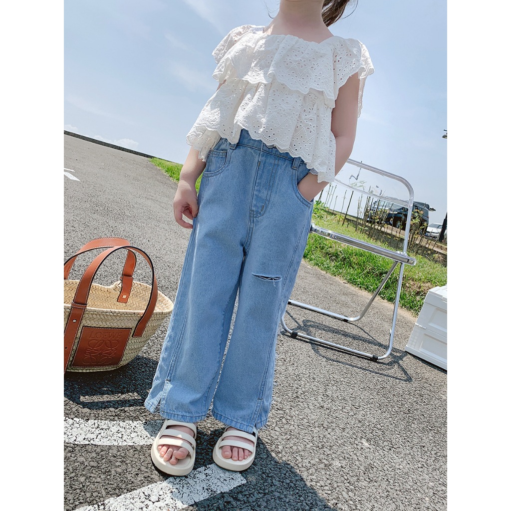 jqk ชุดเซ็ทแฟชั่นเด็กผู้หญิง เสื้อแขนสั้นลายฉลุ+กางเกงยีนส์ขายาว (สีขาว) รุ่น LL095 - รูปที่ 4