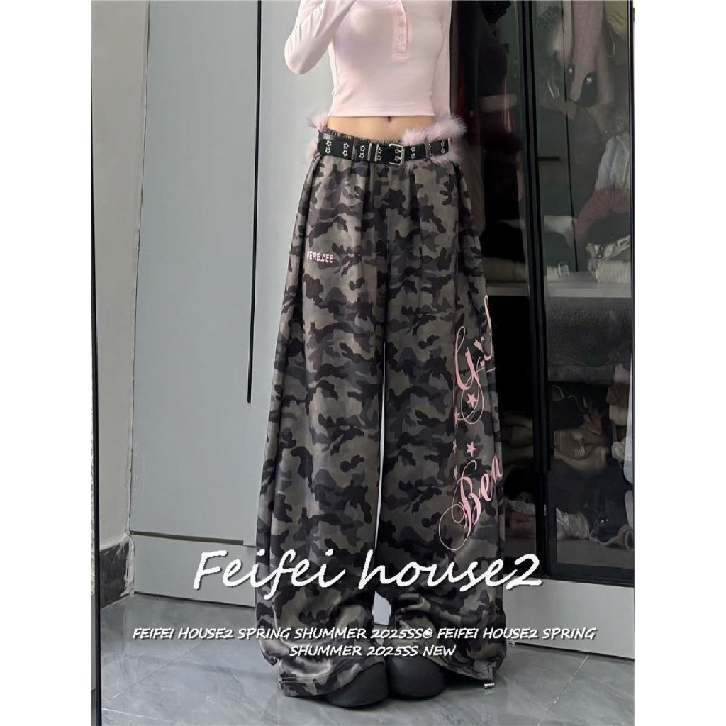 [American print camouflage trousers]ผู้หญิงตัวอักษรภาษาอังกฤษและดาวพิมพ์ลายกางเกงขายาวเอวสูงลายพราง