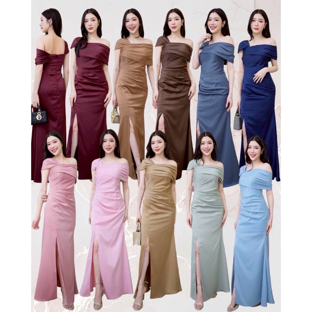 ชุดออกงาน ชุดเพื่อนเจ้าสาว koolykool เกาะอกปาดไหล่สองข้างกปจีบยาวผ้าเครบซาติน CZ00