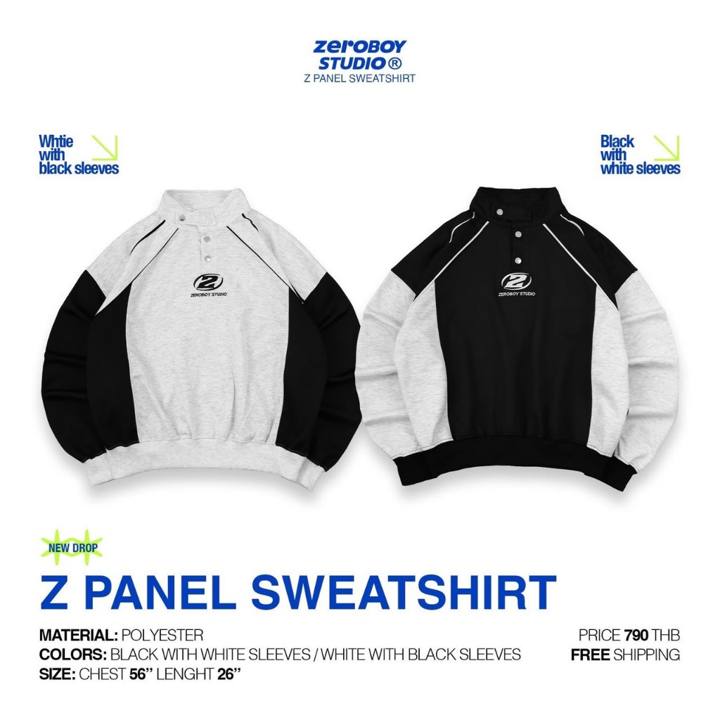 ZER0BOY STUDIO – Z PANEL SWEATSHIRT " สเวตเชิ้ตทูโทนสีดำ&สีเทา "