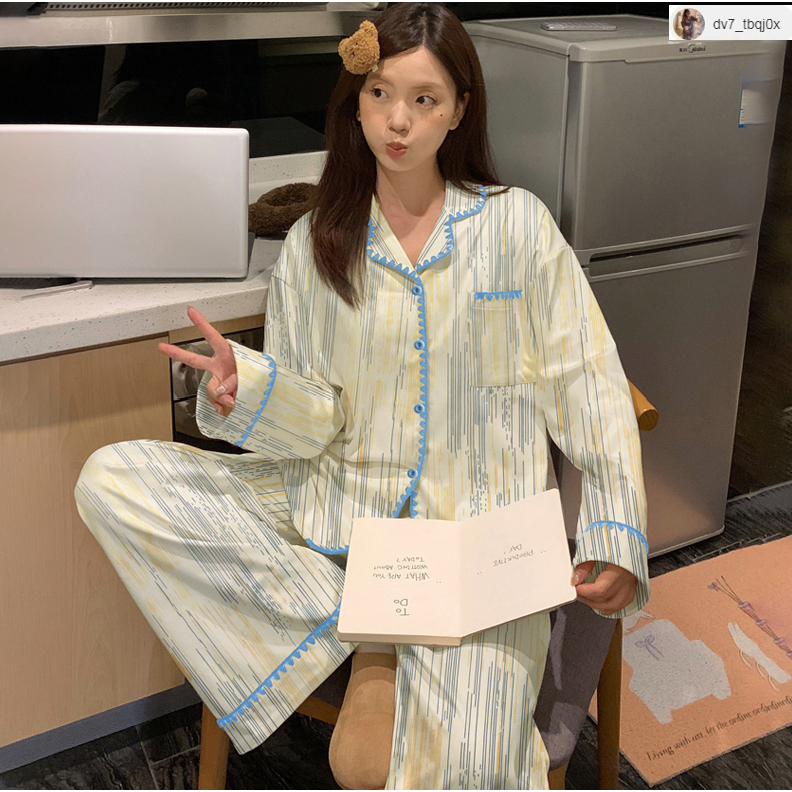 (ราคาถูกที่สุด)ชุดนอนแขนยาว，ชุดนอนคาร์ดิแกนล่าสุด，ผ้าเนื้อนุ่ม，สไตล์ญี่ปุ่น-เกาหลี，ขายาว+เสื้อ，M-2XL - รูปที่ 6