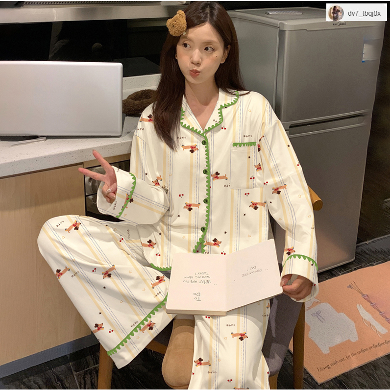 (ราคาถูกที่สุด)ชุดนอนแขนยาว，ชุดนอนคาร์ดิแกนล่าสุด，ผ้าเนื้อนุ่ม，สไตล์ญี่ปุ่น-เกาหลี，ขายาว+เสื้อ，M-2XL - รูปที่ 4