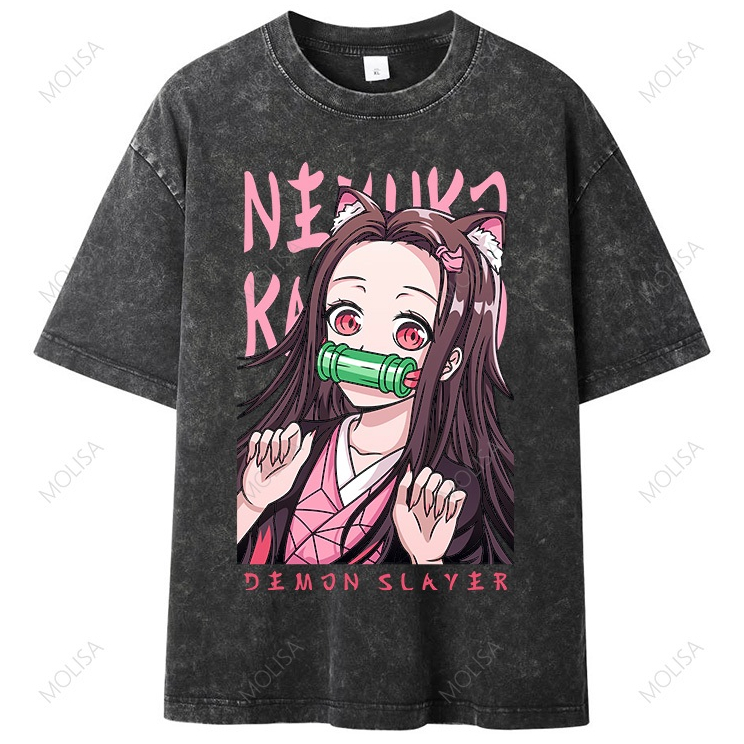 Molisa เสื้อยืด ผ้าฟอก สีดำ Oversize Unisex ลายอนิเมะ ผ้านุ่ม สกรีนสวย แขนสั้น ผู้หญิง 68283#
