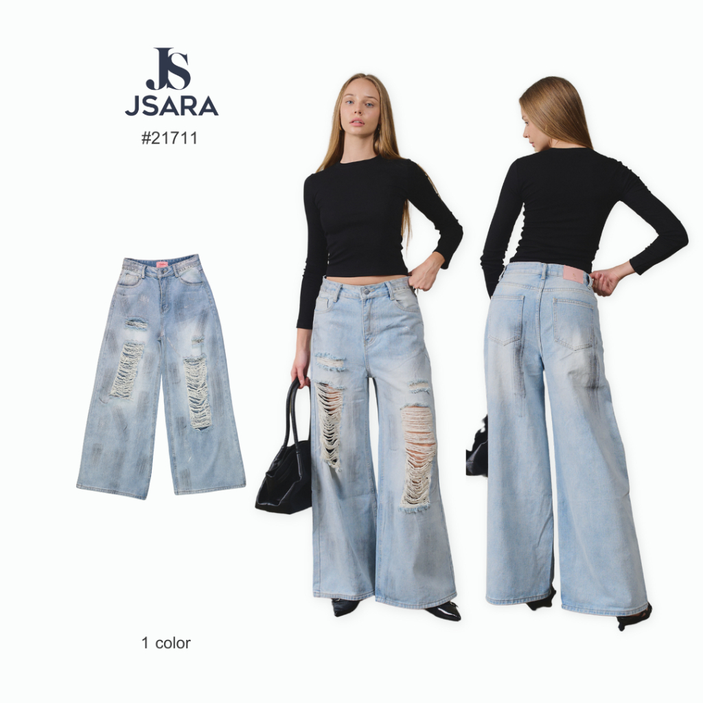 JSARA กางเกงยีนส์ทรงขากระบอกใหญ่ Baggy jeans แต่งขาด แต่งเฟด แต่งกลิตเตอร์ Size S-3XL ขายาวรหัส 2171