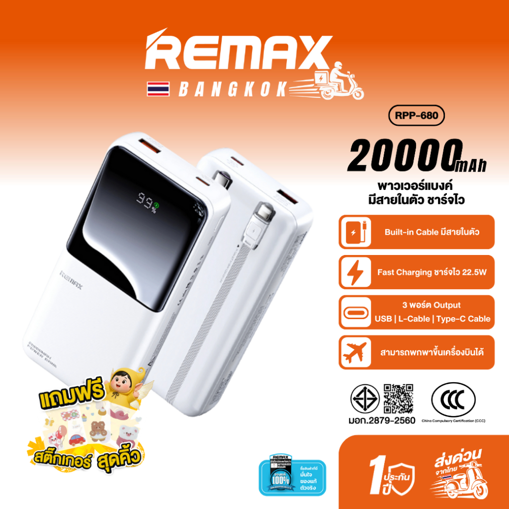 [ CCC ] Remax Power Bank RPP-680 20000mAh พาวเวอร์แบงค์ มีสายในตัว ชาร์จเร็ว Fast Charge หน้าจอ LED