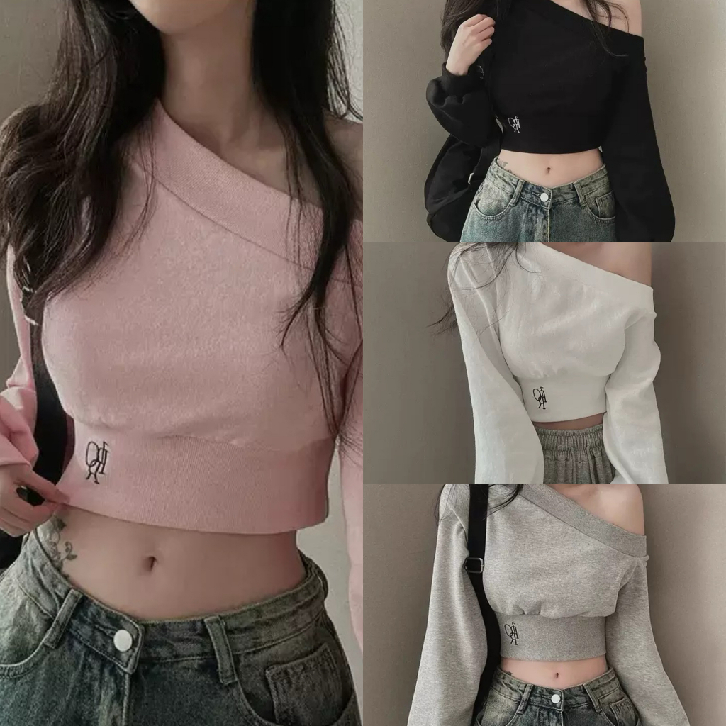 แฟชั่นเกาหลีเกาหลีปิดไหล่แคบ-เอวแขนยาวเสื้อยืดบางสบายเหงื่อของผู้หญิง