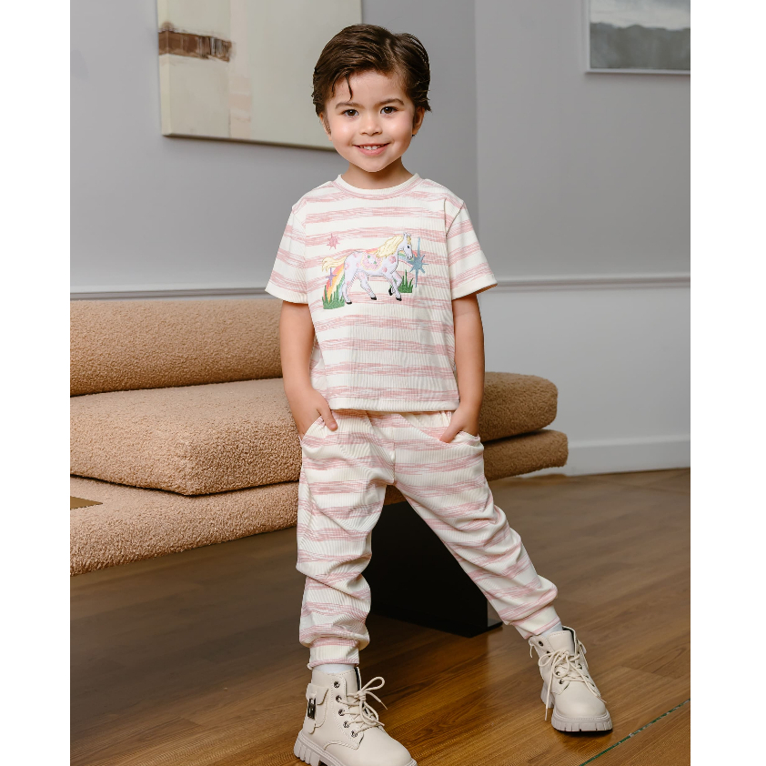 TW Baby - ชุดเซ็ทเด็ก เสื้อพร้อมกางเกงขายาว สีชมพูลายทาง