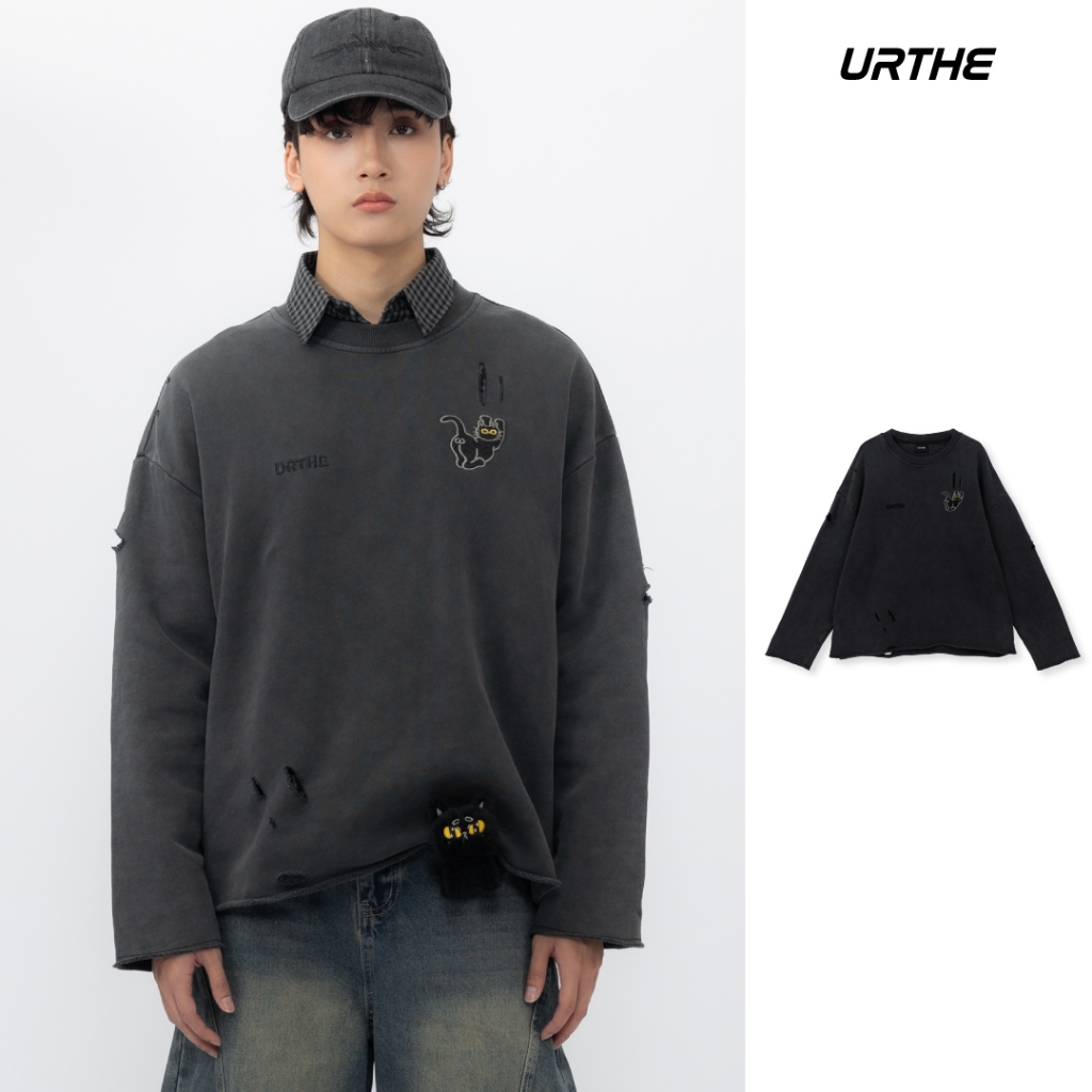 URTHE - เสื้อสเวตเตอร์ เเต่งขาด Oversize รุ่น TROUBLE PAWS SWEATER (SUPER BOSS Series)