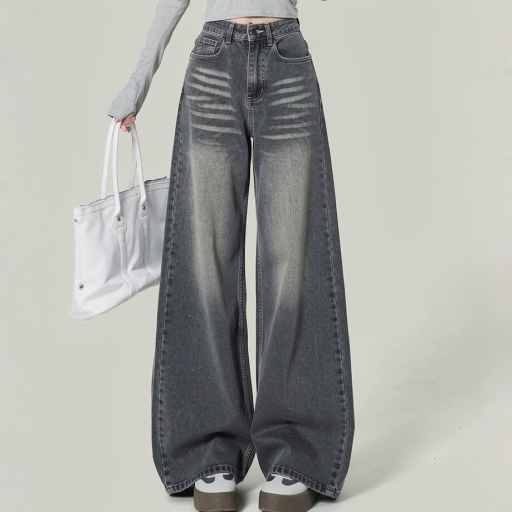 #208-209 (XS-6XL) jinjeans กางเกงยีนส์ทรงกระบอกใหญ่สีเทาเข้มฟอก baggy ทรงหลวม
