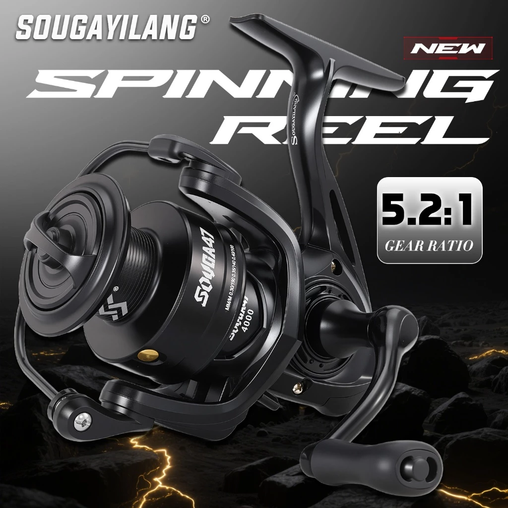 Sougayilang [COD] รุ่นใหม่ 1000-4000 ซีรีส์ รอกสปินนิ่งโลหะแบบดำ มือจับโลหะเคลือบ EVA อัตราทดเฟือง 5.2:1 รอกตกปลาสำหรับห