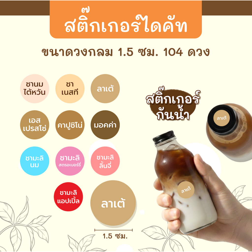 สติ๊กเกอร์ เมนู เครื่องดื่ม แบบกันน้ำ 1.5 ซม. 104 ดวง