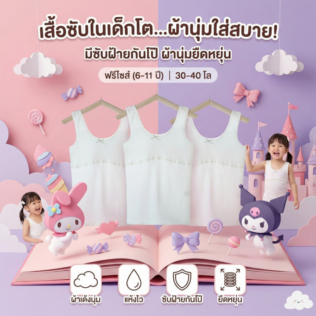 New! เสื้อซับใน เสื้อซับในเด็กโต สปอร์ตบรา มีซับฝ้ายกันโป๊ ฟรีไซส์ 6-11ปี 30-40กิโลใส่ได้ ผ้านุ่มเบาสบายยืดหยุ่น V.2