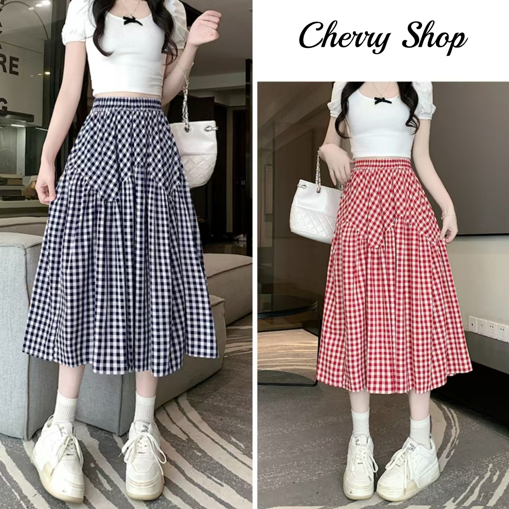 cherryshop พร้อมส่ง กระโปรงลายสก๊อตวินเทจ กระโปรงยาวเย็บเอวสูงยางยืด