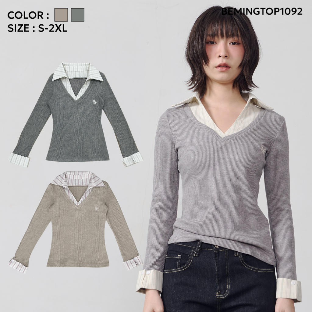 Bemingtop1092(S-2XL)-BMG Layered Top - เสื้อแขนยาวดีไซน์ 2 เลเยอร์ ดีเทลโลโก้ BMG ที่อก