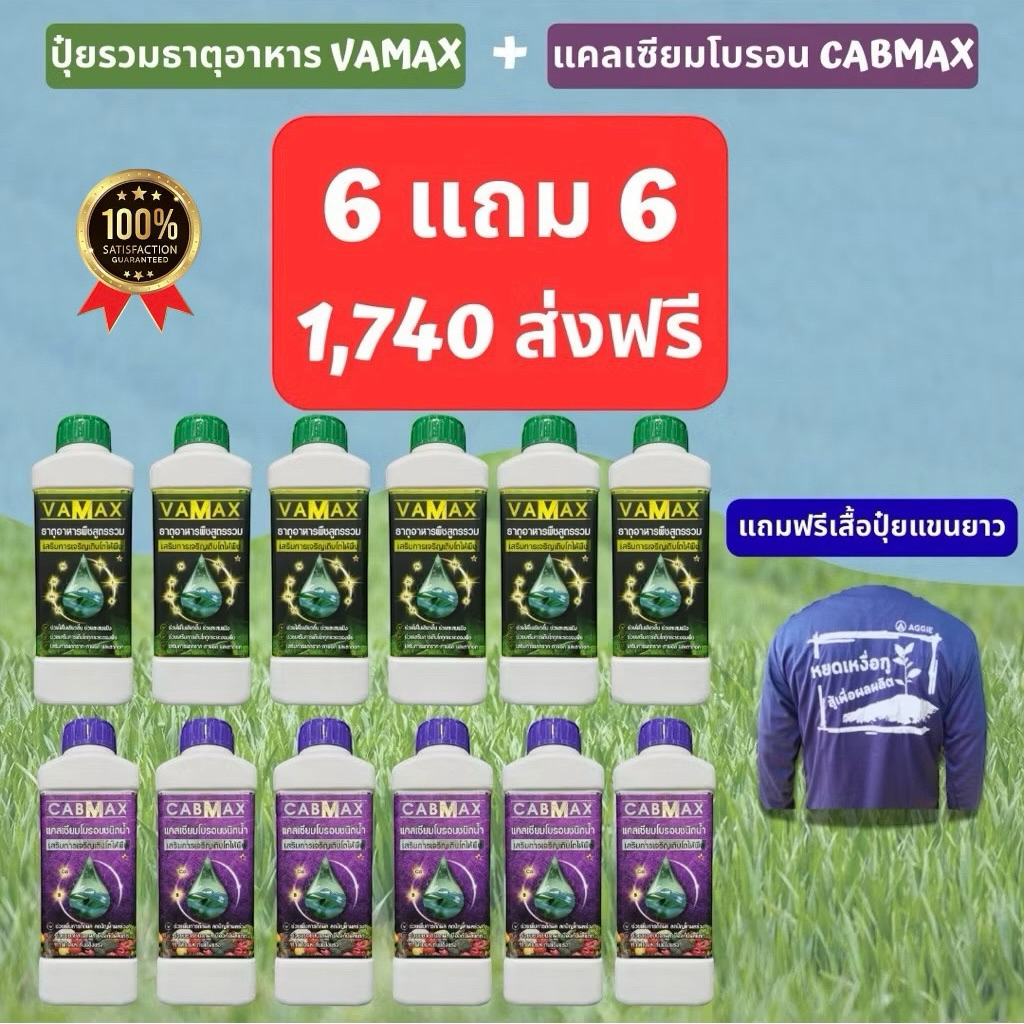 📦ยกลัง12ขวด แถมเสื้อปุ๋ย CABMAX+VAMAX แคลเซียมโบรอนเข้มข้ม [ชุด 6แถม6] ปุ๋ยธาตุรวม (V6+C6+เสื้อ)