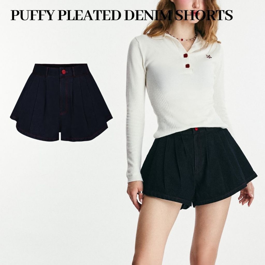 Merge Official - Puffy Pleated Denim Shorts (พร้อมส่ง)