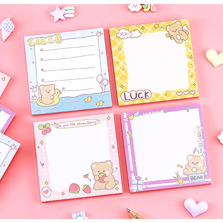 🌈กระดาษโน้ตกาวลายการ์ตูนน่ารัก🌈ลายหมีสดใสเต็มพลัง 7.5 × 7.5 cm 50 แผ่น📌เลือกลาย✔️พร้อมส่ง Ohwowshop เครื่องเขียน
