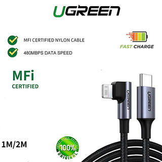 UGREEN มุมขวา 90 องศา 3A MFI USB-C Cable Nylon Braided Fast Power Delivery Cable สําหรับ iPhone 13/12/11/8