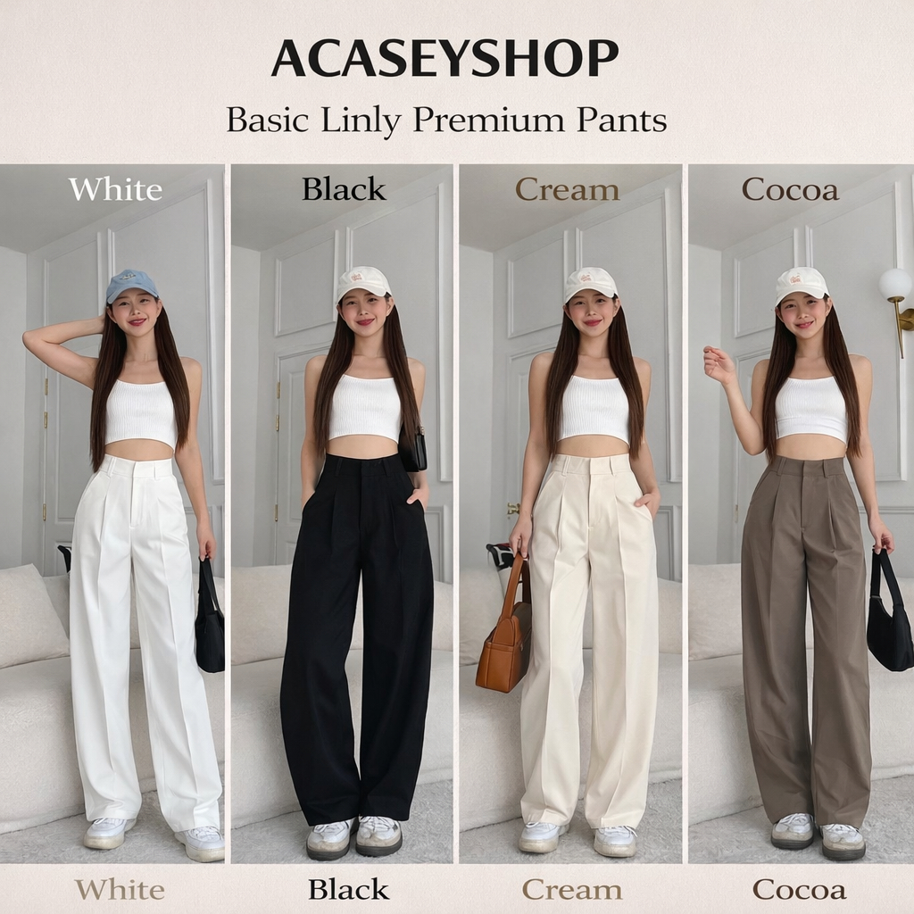 Acasey กางเกงขายาวผู้หญิง ขากระบอก เอวสูง แต่งจีบหน้า ผ้าลิลลี่ ไซส์ S - XL April Pants