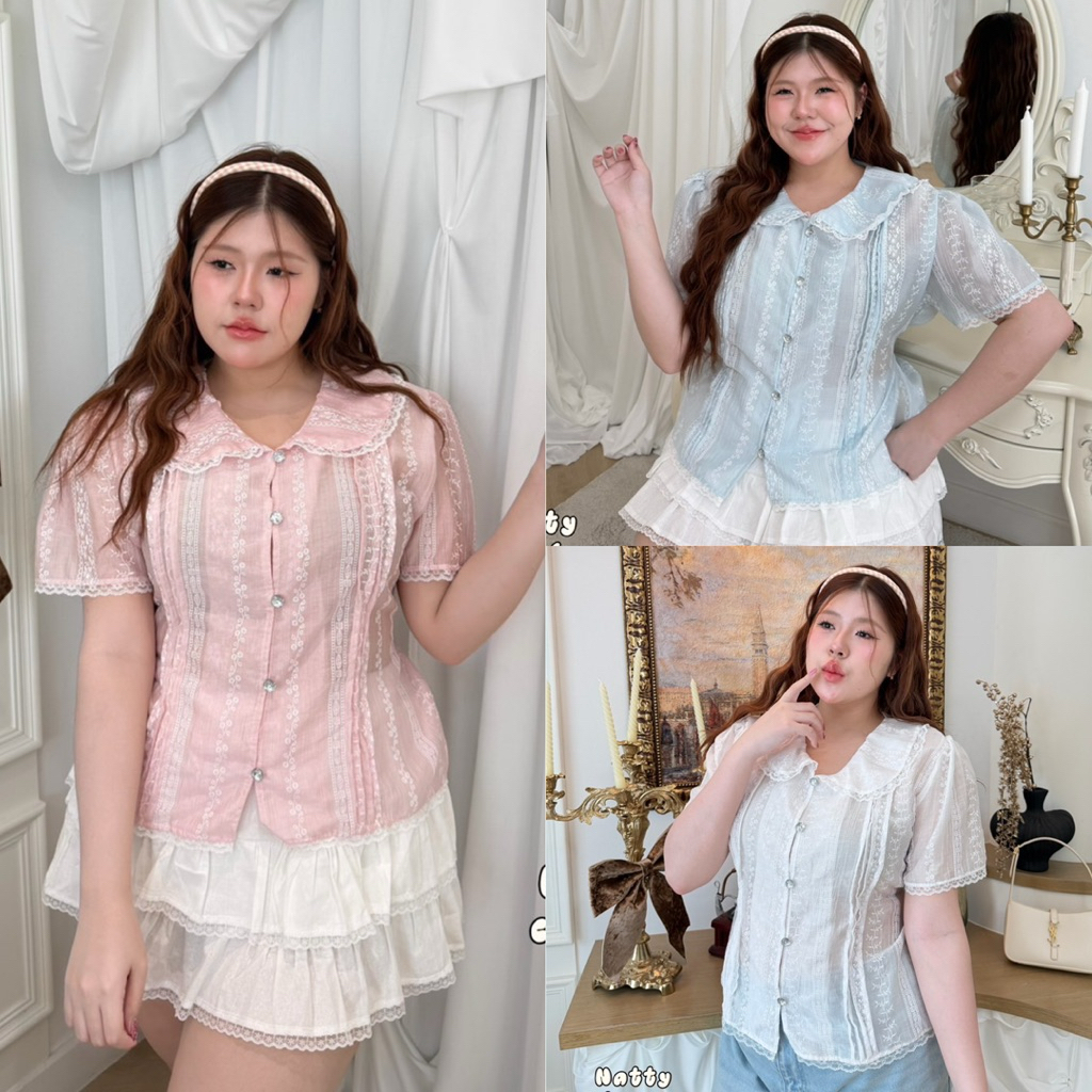 /NT/ เสื้อคอบัวแต่งลูกไม้ทั้งตัว ไซส์อก38-50 มีเชือกผูกกระชับเข้ารูป ผ้าโรซี่ปักลายสวยหวาน เจ้าหญิงมาก #พลัสไซส์