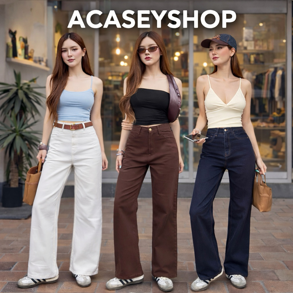 Acasey กางเกงยีนส์ผู้หญิง ขายาว กระบอกใหญ่ Summer Jeans ผ้ายืดใส่สบาย ไซส์ S - 40