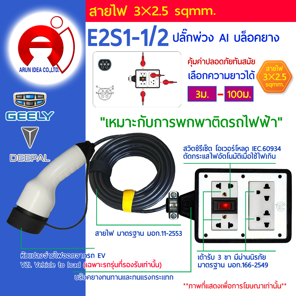 ปลั๊กพ่วง ปลั๊กไฟ รถไฟฟ้า V2L DEEPAL 05 07 GEELY ex2 ex5 ตั้งแค้มป์ สาย3x2.5 มอก 3ม. - 100ม. รุ่น E2