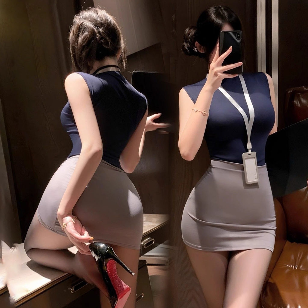 ชุดคอสเพลย์ ชุดเลขา เซ็กซี่ แขนกุด สีพื้น bodycon พร้อมส่ง ขายส่ง ระบายอากาศได้ดี ผ้าใส่สบาย COD
