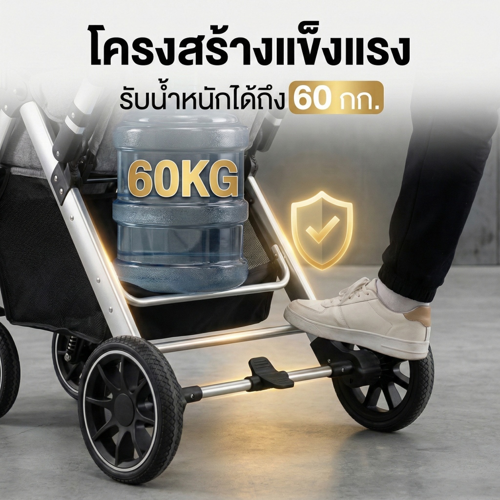 Beige รถเข็นเด็ก รถเข็น 4 ล้อ ปรับ stroller baby 3ระดับ (นั่ง/เอน/นอน) สายรัดแบบ 5 จุด มีเบรค 0-5 ปี - รูปที่ 7