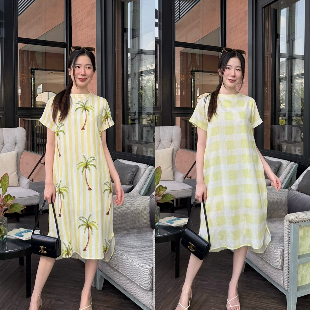 D7เดรสลินินSILKคอกลมแขนสั้นซิปหลังมีกระเป๋าข้าง(มีซับใน)