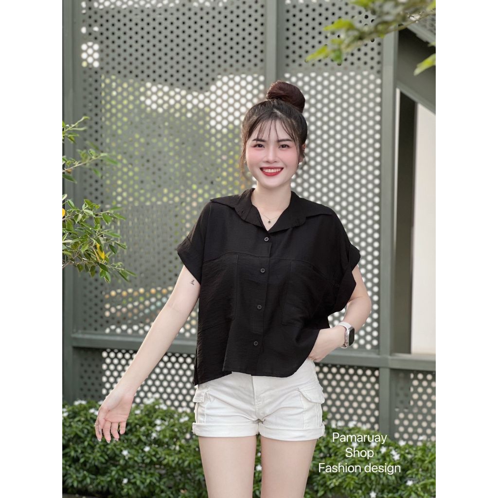 🌷cotton🌷เสื้อเชิ้ตครอปแต่งกระเป๋าคู่ผ้าสลาฟ