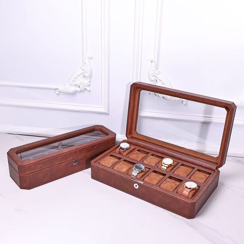 กล่องนาฬิกา 6 12 เรือน กล่องเก็บนาฬิกาแปดเหลี่ยมหนังเกรดสูง Watch Box สามารถล็อคได้ กล่องของขวัญระดับพรีเมียม