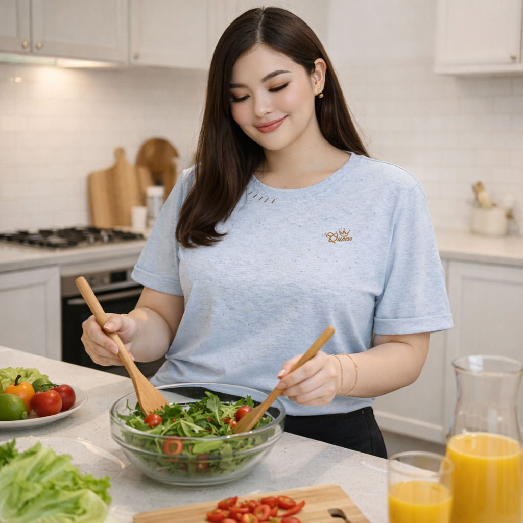 (LX1241)เสื้อแขนสั้นสาวอวบลุคหวานนิดๆ ดูดีได้ไม่ต้องเยอะ! กับงานเสื้อยืดคอกลมแขนสั้น สีฟ้าละมุน - รูปที่ 5