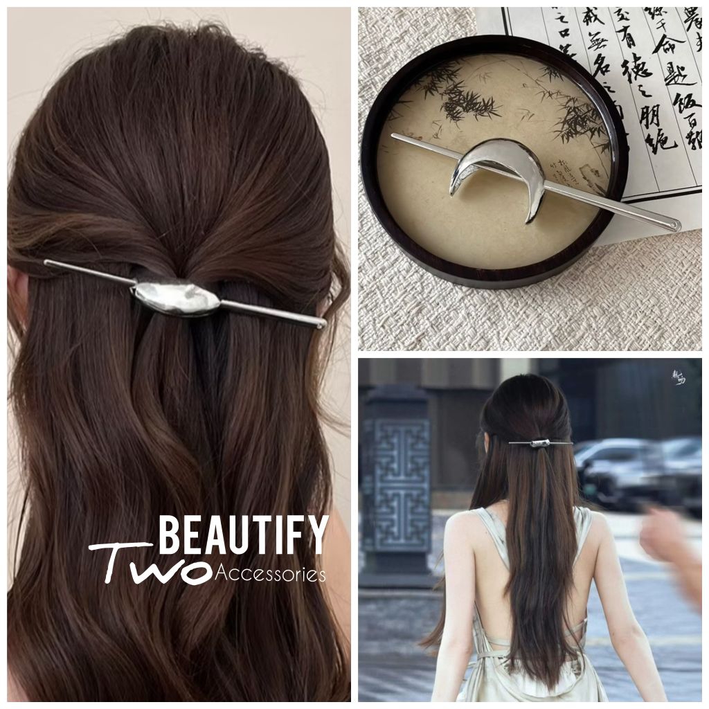 ปิ่นปักผมโลหะผสมสีเงิน silver crescent hair pin สไตล์จีนโมเดิร์น