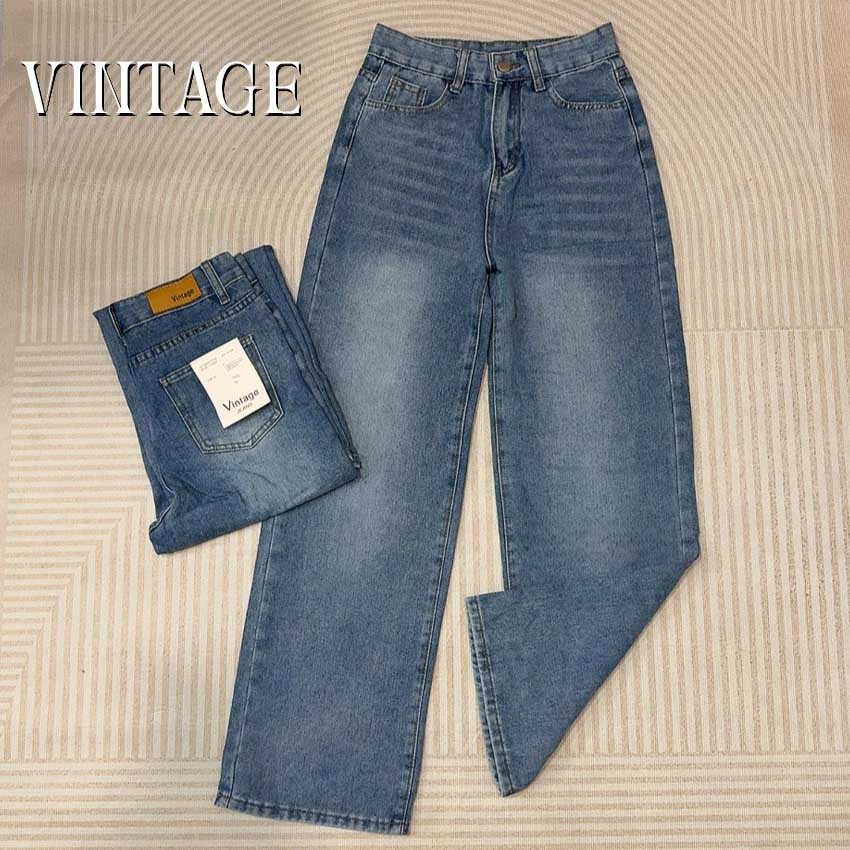 Vintage รุ่น #7551 กางเกงยีนส์ สีฟ้าเข้ม ทรงกระบอก แต่งเฟดขา ทรงสวยผ้าไม่ยืด